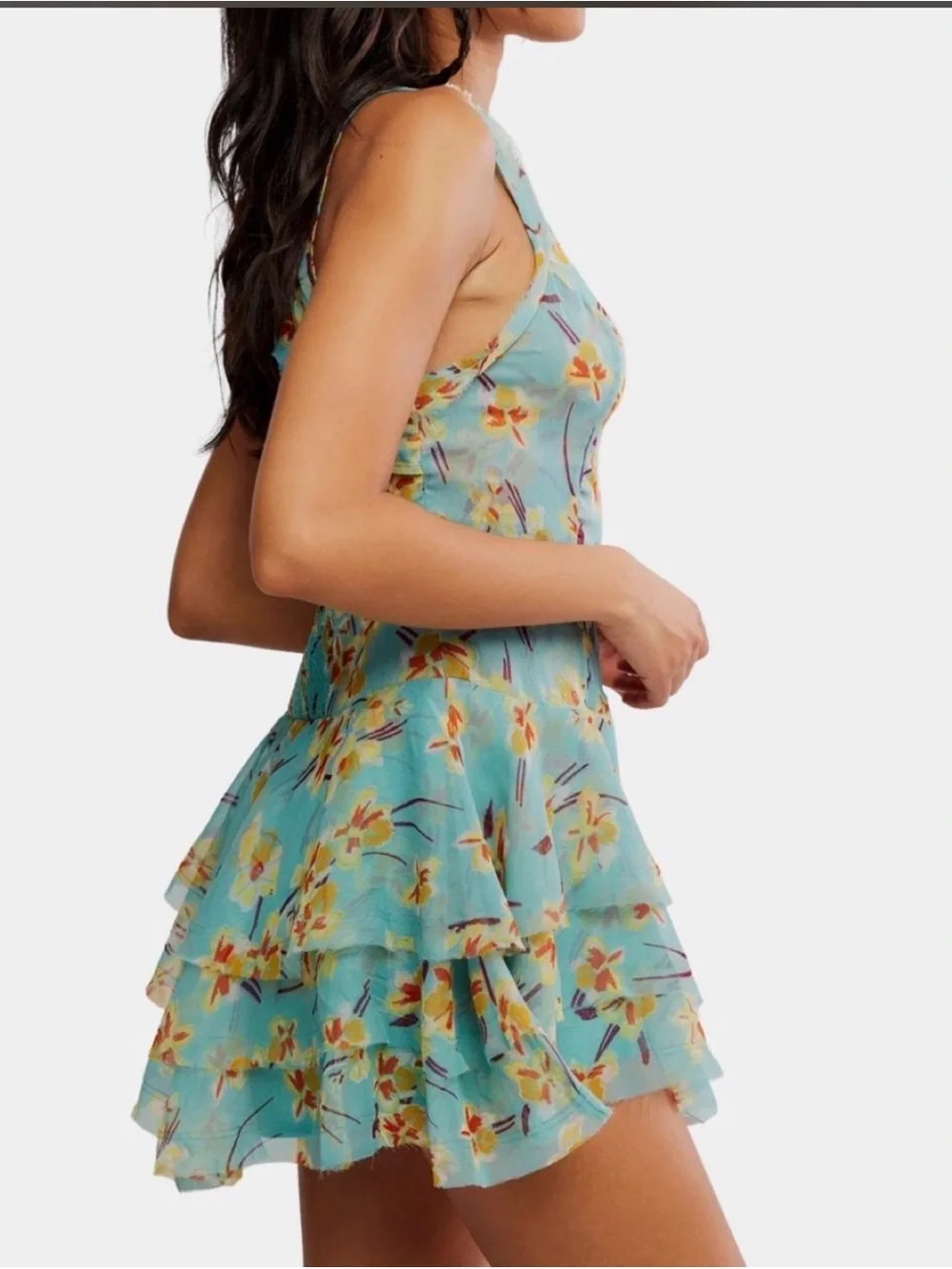 Free People Aqua Floral Ruffled Mini Dress